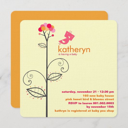 Invitation Tweeter Oiseau rose Fleur Points Arbre Baby shower (Devant / Derrière)