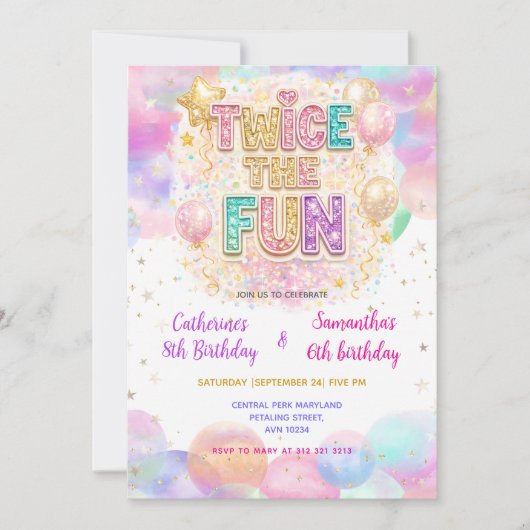 Invitation Twice the Fun Pastel Glitter Double Birthday (Devant)