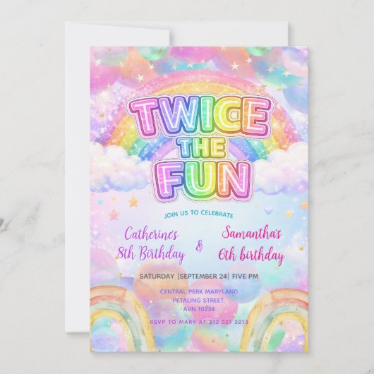 Invitation Twice the Fun Rainbow Sibling Birthday  (Devant)
