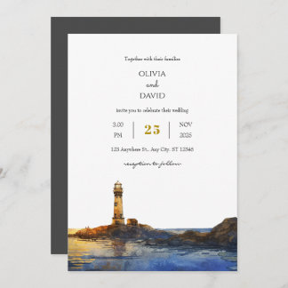 Invitation Twilight Rocky Lighthouse Watercolor Beach Mariage