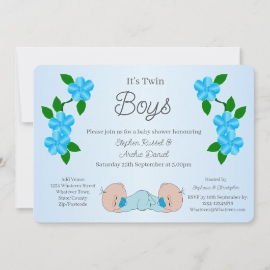 Invitation Twin Baby Boys Baby Shower (Devant)