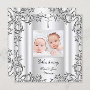 Invitation Twin Baby Girl Garçon Christening Baptême Blanc
