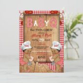 Invitation Twin Baby Girls Red En vichy Wood Baby Q Barbecue (Debout devant)