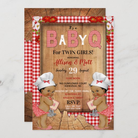 Invitation Twin Baby Girls Red En vichy Wood Baby Q Barbecue (Devant / Derrière)