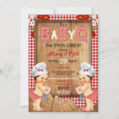 Invitation Twin Baby Girls Red En vichy Wood Baby Q Barbecue (Devant)