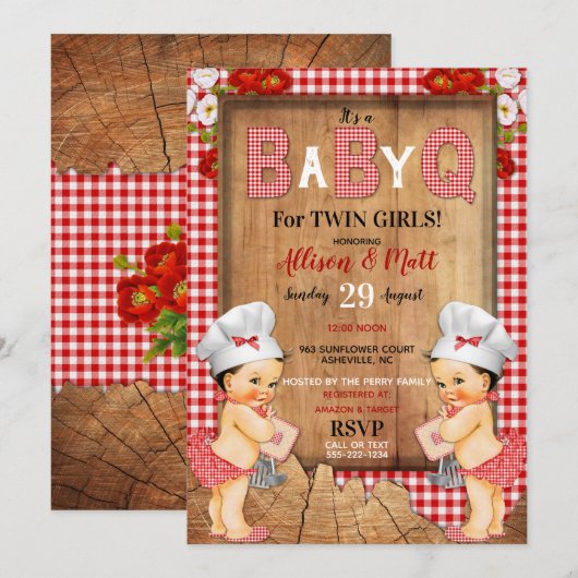 Invitation Twin Baby Girls Red En vichy Wood Baby Q Barbecue (Devant / Derrière)