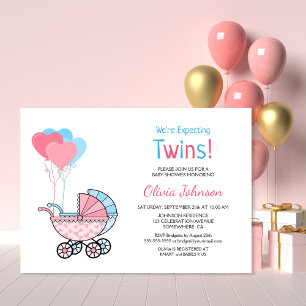 Invitation Twin Baby shower bleu rose Ballons et poussette
