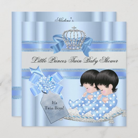 Invitation Twin Baby shower Boys Blue Little Prince Crown 3C (Devant / Derrière)