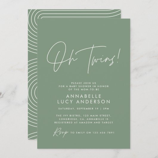 Invitation Twin Baby shower script moderne sage vert élégant (Devant / Derrière)