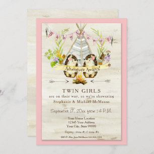 Invitation Twin Baby shower Woodland Animal Teepee Hedgehog