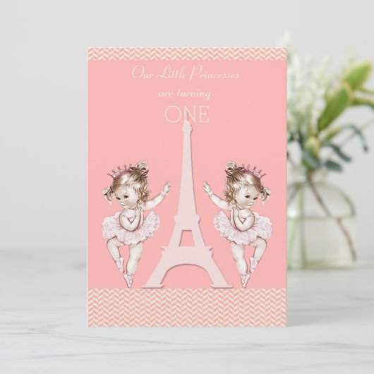 Invitation Twin Ballerinas Tour Eiffel Chevrons 1er anniversa (Debout devant)