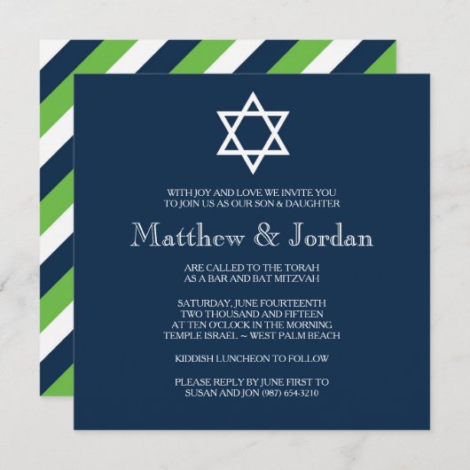 Invitation Twin Bar Mitzvah - Moderne (Devant / Derrière)