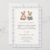 Invitation Twin Beary First Birthday Teddy Bear Plaid (Devant)