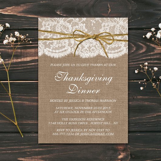 Invitation Twin Bow On Burlap & Lace Thanksgiving Dîner