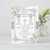 Invitation Twin Boy Argent Mexicain Baptême Anniversaire Flor (Debout devant)