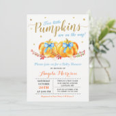 Invitation Twin Boy Baby shower Deux petits Citrouilles bleu (Debout devant)