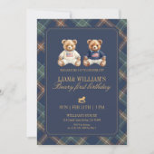 Invitation Twin Boy Beary First Birthday Teddy Bear (Devant)