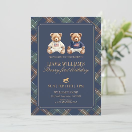 Invitation Twin Boy Beary First Birthday Teddy Bear (Debout devant)