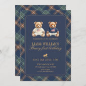 Invitation Twin Boy Beary First Birthday Teddy Bear (Devant / Derrière)