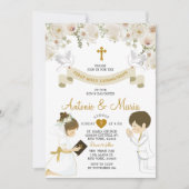 Invitation Twin Boy & Girl Praying Flowers 1ère Sainte Commun (Devant)