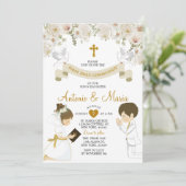 Invitation Twin Boy & Girl Praying Flowers 1ère Sainte Commun (Debout devant)