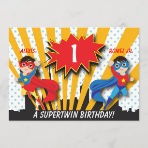 Invitation Twin Boy Girl Superhero Anniversaire