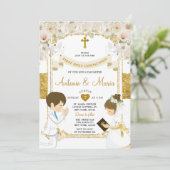 Invitation Twin Boy & Girl White Flower 1ère Sainte Communion (Debout devant)