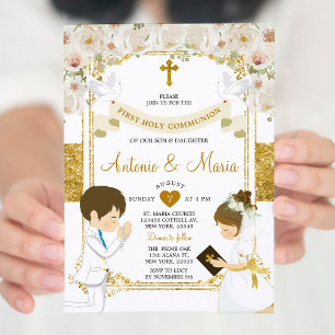 Invitation Twin Boy & Girl White Flower 1ère Sainte Communion