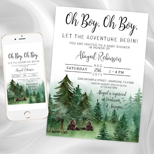 Invitation Twin Boy Woodland Bear Oh Boy Baby shower