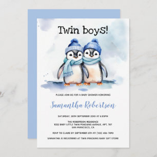Invitation Twin Boys Aquarelle Bleu Baby shower d'hiver