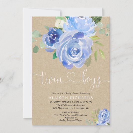 Invitation Twin boys baby shower rustique bleu floral kraft (Devant)