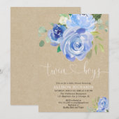 Invitation Twin boys baby shower rustique bleu floral kraft (Devant / Derrière)