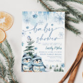 Invitation Twin Boys Baby shower Winter Penguin Blue