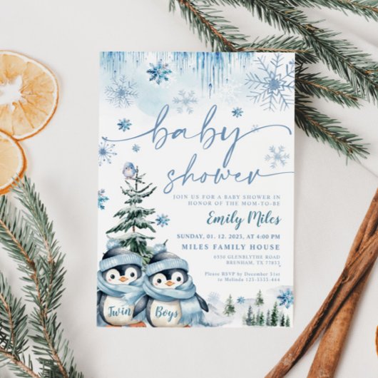 Invitation Twin Boys Baby shower Winter Penguin Blue