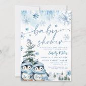 Invitation Twin Boys Baby shower Winter Penguin Blue (Devant)