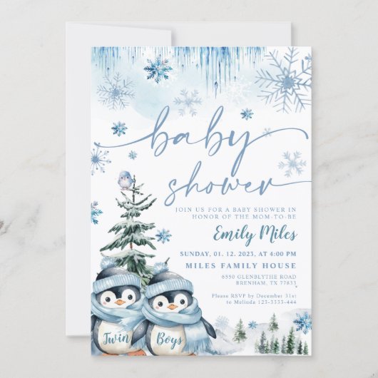 Invitation Twin Boys Baby shower Winter Penguin Blue (Devant)