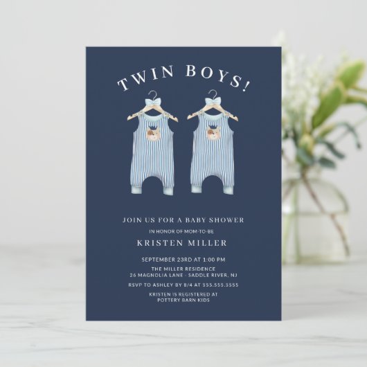 Invitation Twin Boys Bear Romper Baby shower (Debout devant)