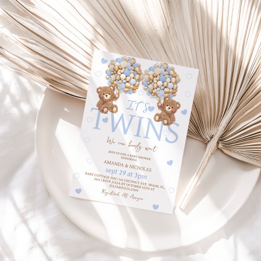 Invitation Twin Boys Blue Bear Balloon Baby shower