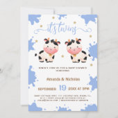 Invitation Twin Boys Blue Cow Baby shower Boho (Devant)