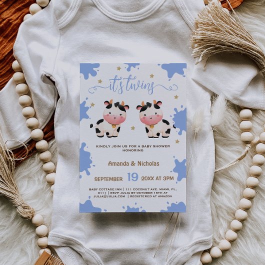 Invitation Twin Boys Blue Cow Baby shower Boho