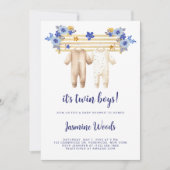 Invitation Twin Boys Blue Floral Boho Baby shower de blanchis (Devant)