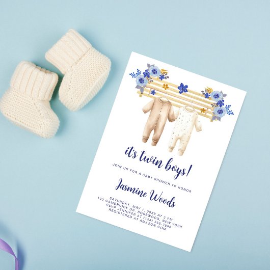 Invitation Twin Boys Blue Floral Boho Baby shower de blanchis