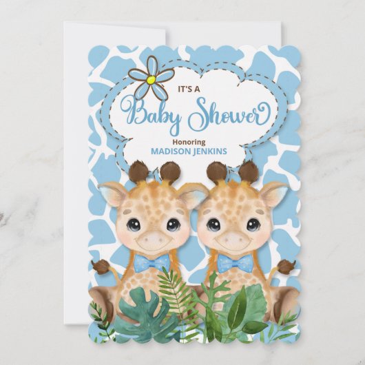 Invitation Twin Boys Blue Giraffe Jungle Baby shower (Devant)