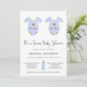 Invitation Twin Boys Blue Gold Aquarelle Baby shower rétro (Debout devant)