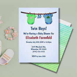 Invitation Twin Boys Close Line Baby shower bleu et vert