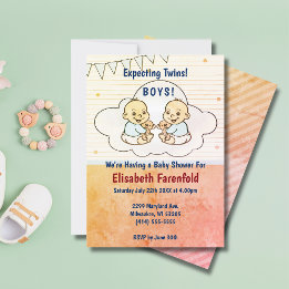 Invitation Twin Boys Cloud Baby shower Retro