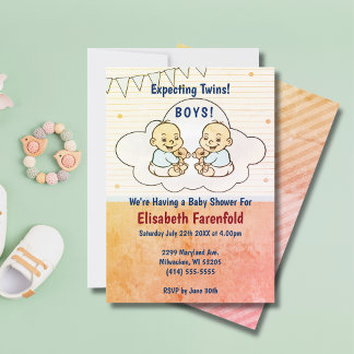 Invitation Twin Boys Cloud Baby shower Retro