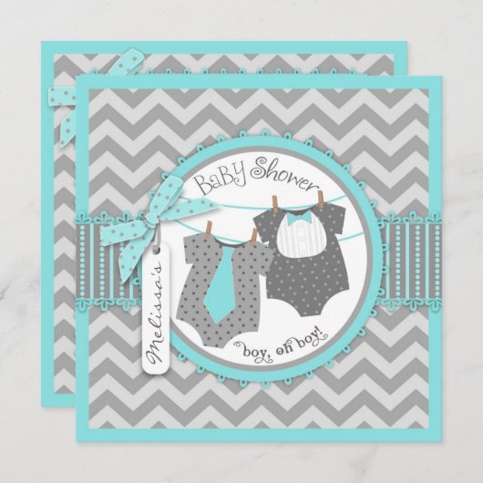 Invitation Twin Boys Cravate Bow Cravate Chevron Imprimer Bab (Devant / Derrière)