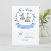 Invitation Twin Boys Cute bear babyshower (Debout devant)