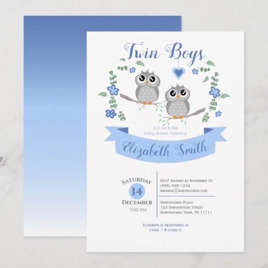 Invitation Twin Boys Cute owls baby shower (Devant / Derrière)